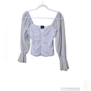 Madi Mase ruched blue lace sweeetheart neckline ceop top with balloon sleeves Sm